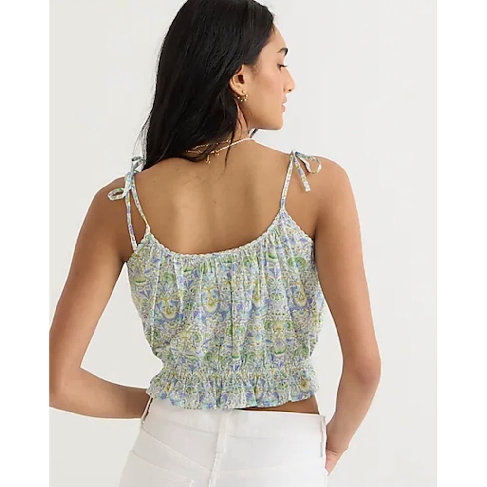 J CREW X LIBERTY Floral Tie Strap Sleeveless Ruffle Smocked Waist Crop Tank S - Picture 2 of 8